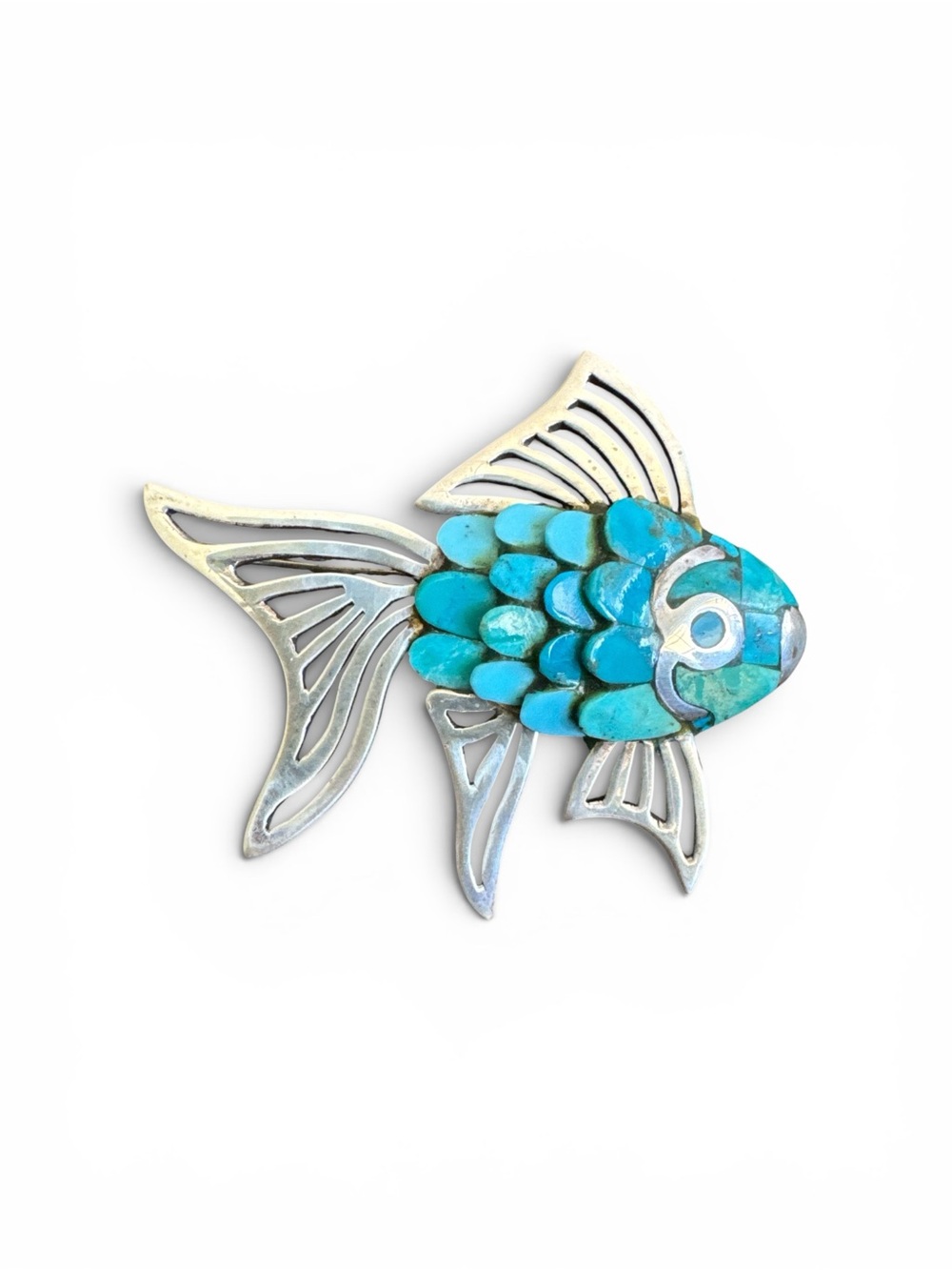 Vintage Sterling Silver Turquoise Fish Brooch Signed ANI Mexico 925 Southwestern